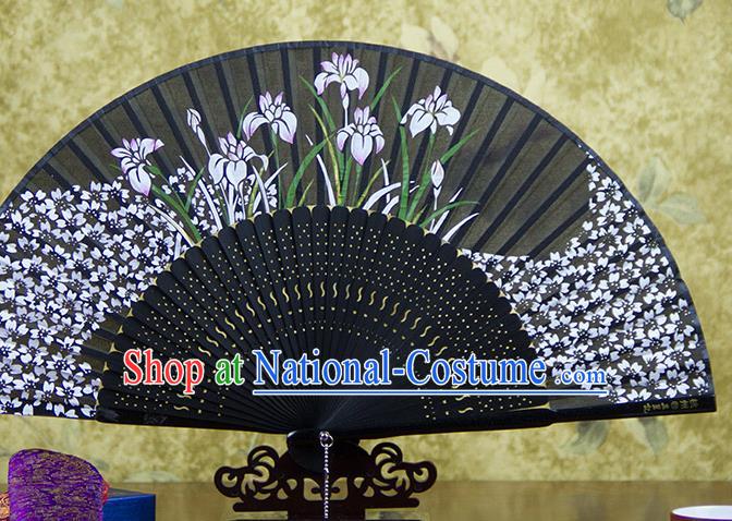 Traditional Chinese Printing Orchids Black Silk Fan China Bamboo Accordion Folding Fan Oriental Fan