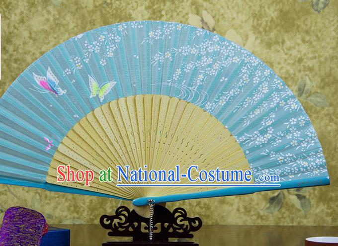 Traditional Chinese Printing Butterfly Blue Silk Fan China Bamboo Accordion Folding Fan Oriental Fan