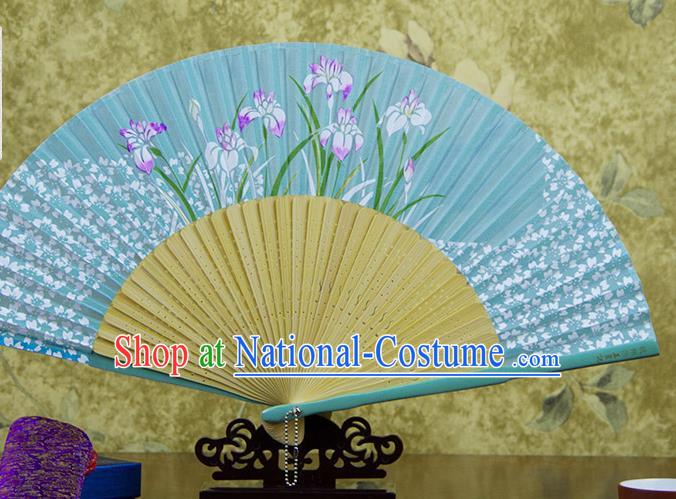 Traditional Chinese Printing Orchids Blue Silk Fan China Bamboo Accordion Folding Fan Oriental Fan