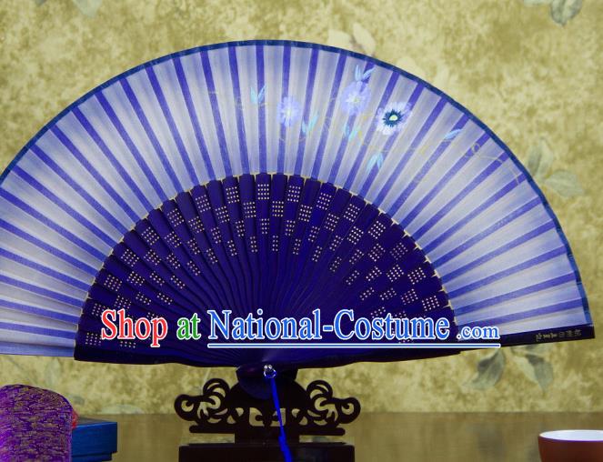 Traditional Chinese Printing Petunia Royalblue Silk Fan China Bamboo Accordion Folding Fan Oriental Fan