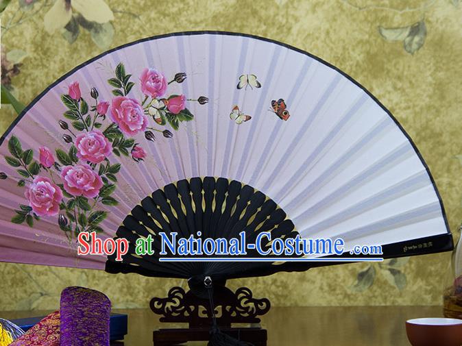 Traditional Chinese Printing Rose Pink Flax Fan China Bamboo Accordion Folding Fan Oriental Fan