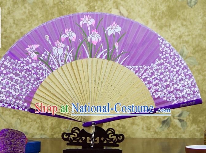 Traditional Chinese Printing Orchids Purple Silk Fan China Bamboo Accordion Folding Fan Oriental Fan