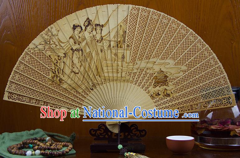 Traditional Chinese Hand Carving Beauty Diao Chan Sandalwood Fan China Wood Accordion Folding Fan Oriental Fan