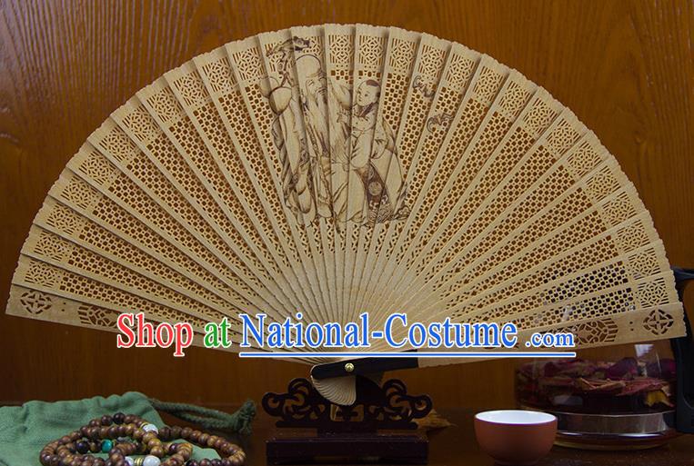 Traditional Chinese Hand Carving Longevity Immortal Sandalwood Fan China Wood Accordion Folding Fan Oriental Fan