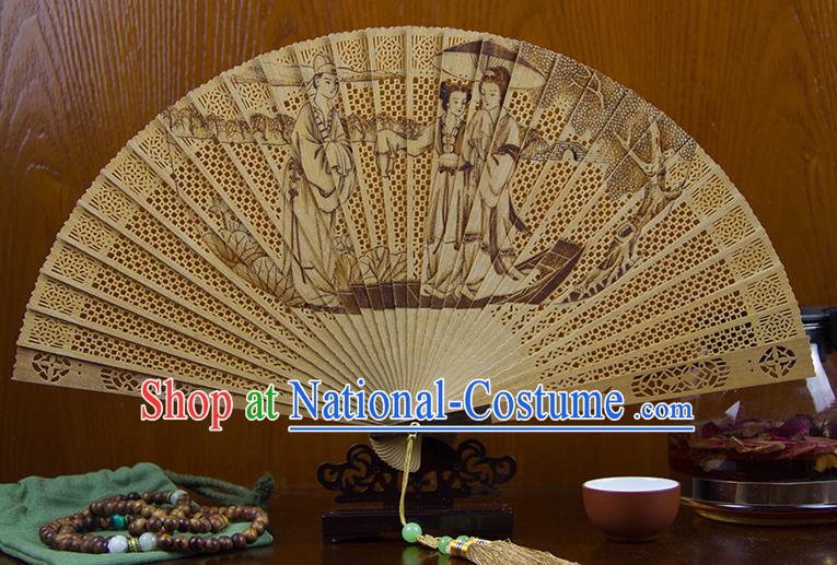 Traditional Chinese Hand Carving Madam White Snake Sandalwood Fan China Wood Accordion Folding Fan Oriental Fan