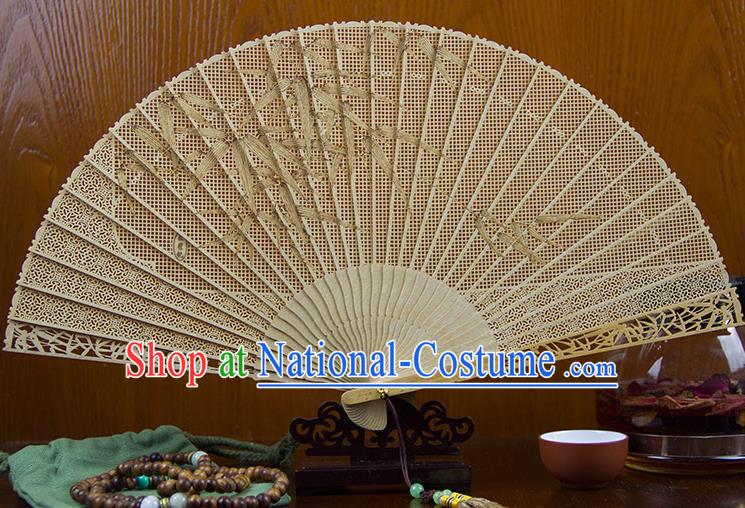 Traditional Chinese Hand Carving Bamboo Leaf Sandalwood Fan China Wood Accordion Folding Fan Oriental Fan