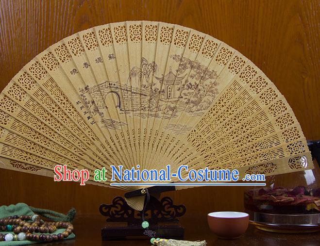 Traditional Chinese Hand Carving Su Causeway Spring Sandalwood Fan China Wood Accordion Folding Fan Oriental Fan