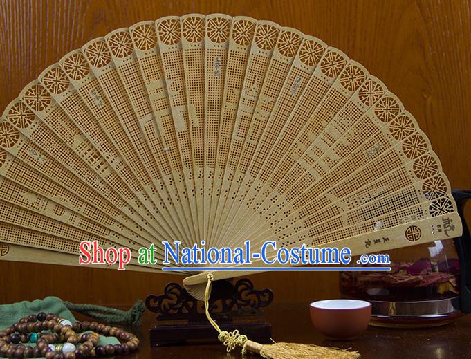 Traditional Chinese Hand Carving Impression of Hangzhou Sandalwood Fan China Wood Accordion Folding Fan Oriental Fan