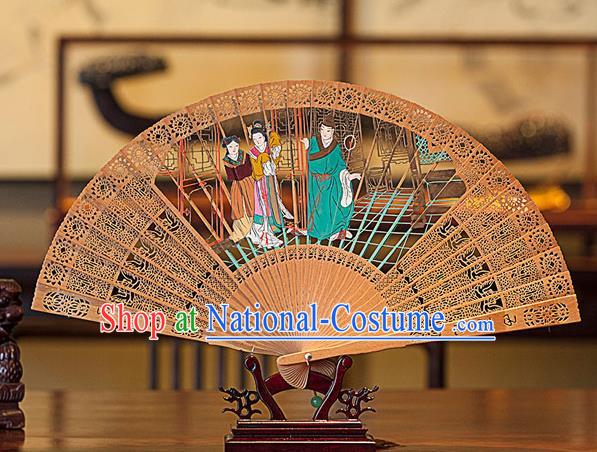 Traditional Chinese Hand Carving Romance of the Western Chamber Sandalwood Fan China Wood Accordion Folding Fan Oriental Fan