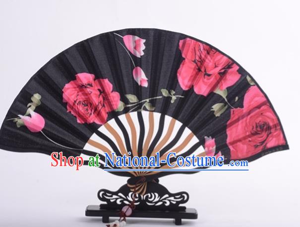 Traditional Chinese Printing Rose Black Silk Fan China Bamboo Accordion Folding Fan Oriental Fan