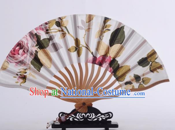 Traditional Chinese Printing Rose White Silk Fan China Bamboo Accordion Folding Fan Oriental Fan