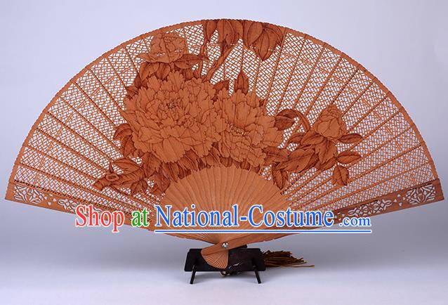 Traditional Chinese Handmade Carving Peony Sandalwood Folding Fan China Accordion Fan Oriental Fan