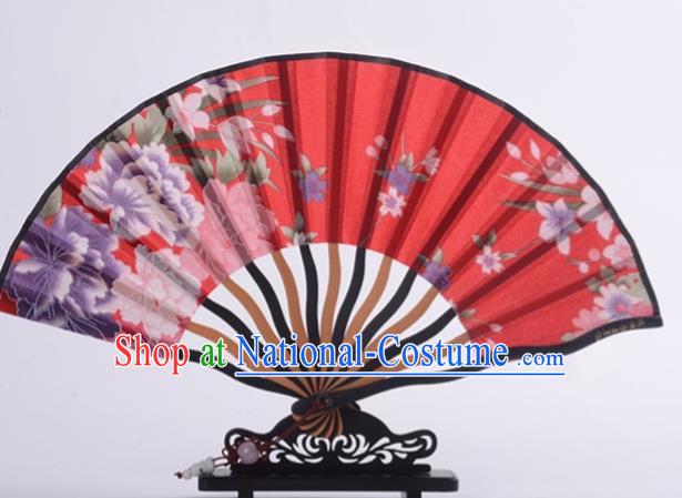 Traditional Chinese Printing Peony Orchid Red Silk Fan China Bamboo Accordion Folding Fan Oriental Fan