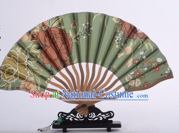 Traditional Chinese Printing Peony Orchid Green Silk Fan China Bamboo Accordion Folding Fan Oriental Fan