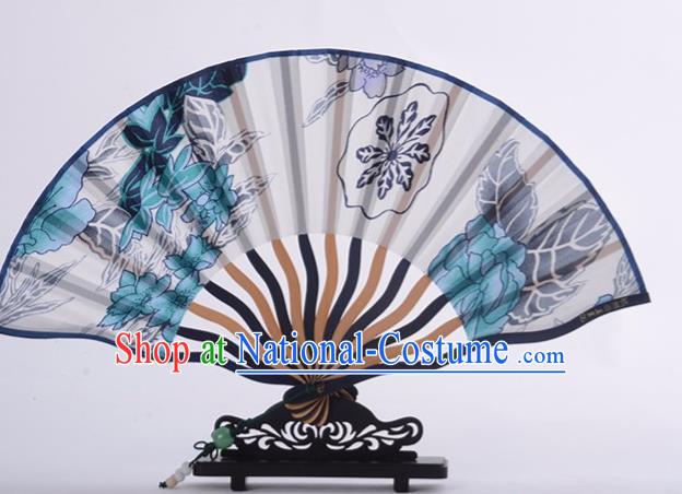 Traditional Chinese Printing Blue Peony Silk Fan China Bamboo Accordion Folding Fan Oriental Fan