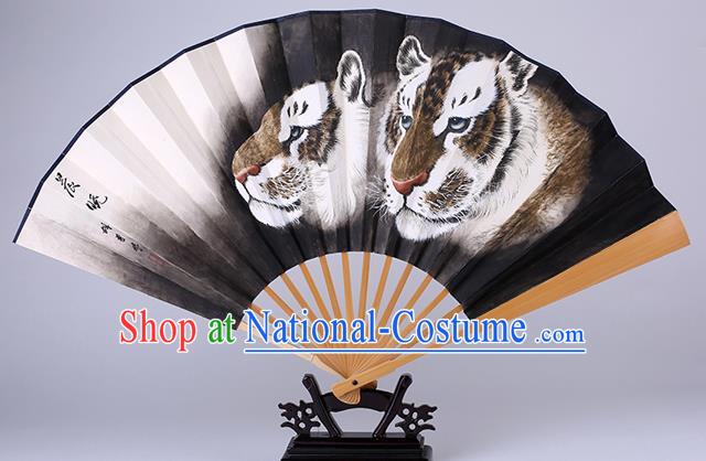 Traditional Chinese Hand Painting Tiger Black Paper Fan China Bamboo Accordion Folding Fan Oriental Fan