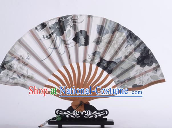 Traditional Chinese Printing Grey Peony Silk Fan China Bamboo Accordion Folding Fan Oriental Fan