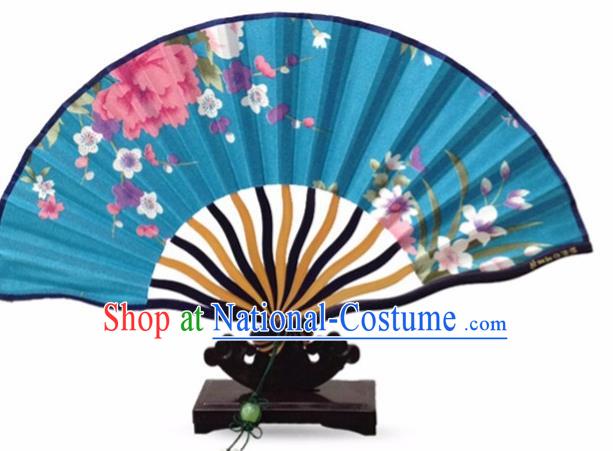 Traditional Chinese Printing Sakura Blue Silk Fan China Bamboo Accordion Folding Fan Oriental Fan