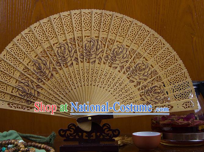 Traditional Chinese Hand Painting Roses Sandalwood Fan China Accordion Folding Fan Oriental Fan