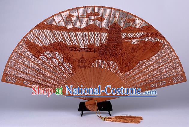 Traditional Chinese Handmade Carving Pagoda Sandalwood Folding Fan China Accordion Fan Oriental Fan