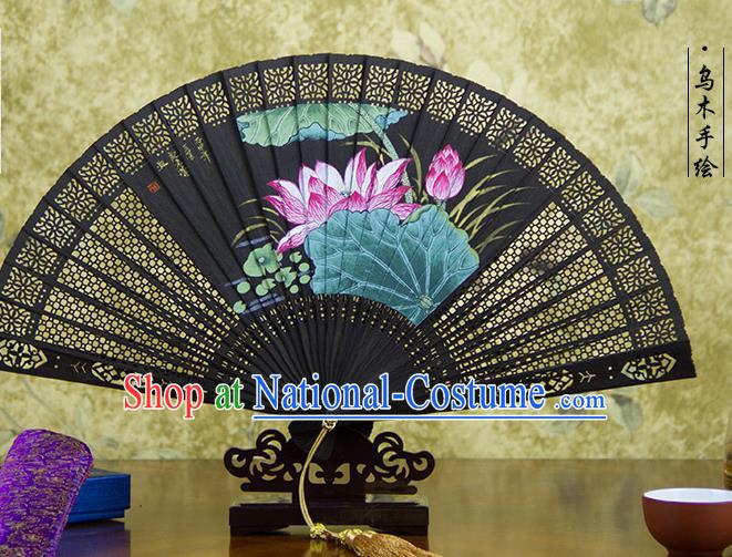 Traditional Chinese Hand Painting Lotus Ebony Fan China Accordion Folding Fan Oriental Fan