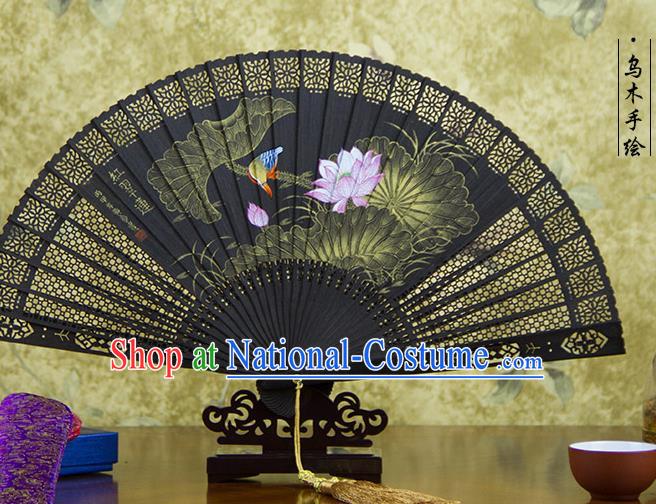 Traditional Chinese Hand Painting Pink Lotus Ebony Fan China Accordion Folding Fan Oriental Fan