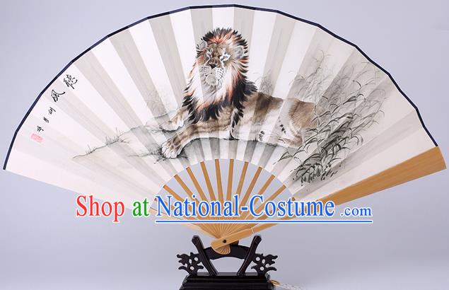 Traditional Chinese Hand Painting Lion Paper Fan China Bamboo Accordion Folding Fan Oriental Fan