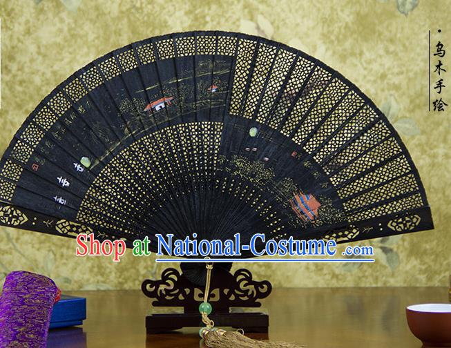 Traditional Chinese Hand Painting Landscape Ebony Fan China Accordion Folding Fan Oriental Fan