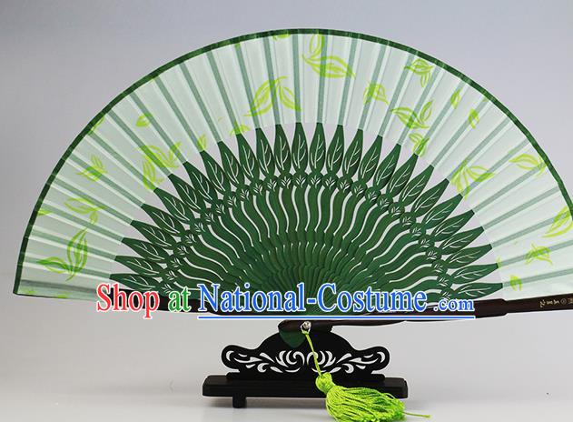 Traditional Chinese Printing Leaf Green Silk Fan China Bamboo Accordion Folding Fan Oriental Fan