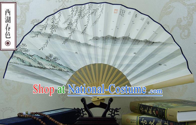 Traditional Chinese Hand Painting West Lake Spring Scenery Paper Fan China Accordion Folding Fan Oriental Fan