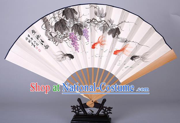 Traditional Chinese Handmade Ink Painting Grape Goldfish Paper Folding Fan China Accordion Fan Oriental Fan