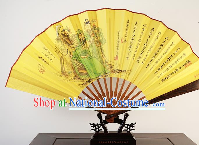 Traditional Chinese Hand Painting Guan Yu Yellow Silk Fan China Accordion Folding Fan Oriental Fan