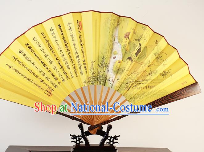 Traditional Chinese Hand Painting Lan Ting Preface Yellow Silk Fan China Accordion Folding Fan Oriental Fan