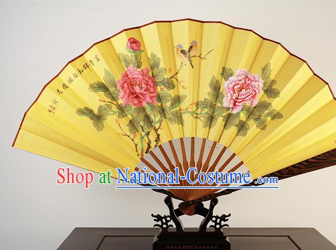 Traditional Chinese Hand Painting Peony Yellow Silk Fan China Accordion Folding Fan Oriental Fan