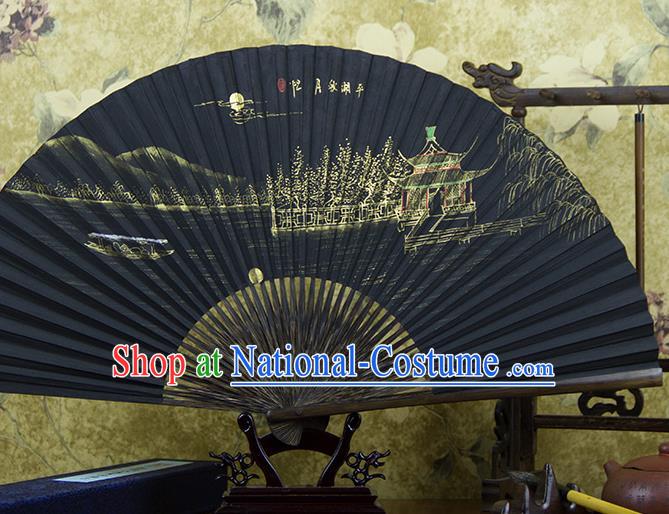 Traditional Chinese Hand Painting Moon View Mulberry Paper Fan China Accordion Folding Fan Oriental Fan