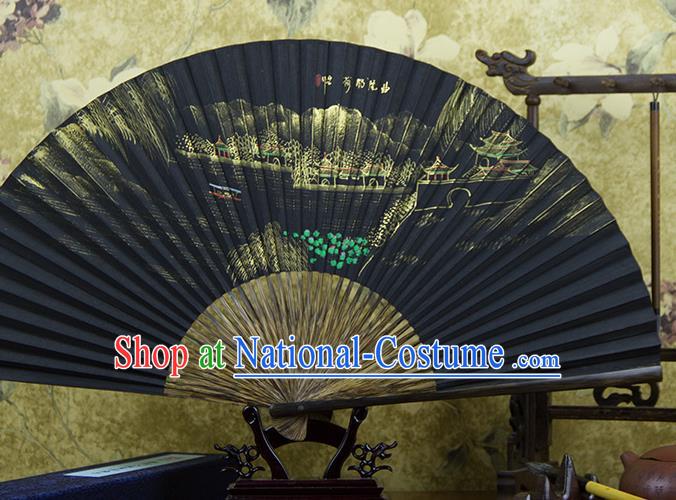 Traditional Chinese Hand Painting Lotus Pond Mulberry Paper Fan China Accordion Folding Fan Oriental Fan