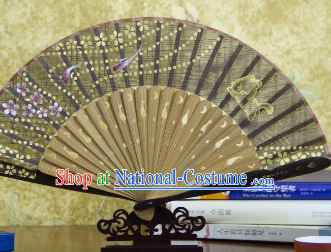 Traditional Chinese Printing Fishes Black Flax Fan China Bamboo Accordion Folding Fan Oriental Fan