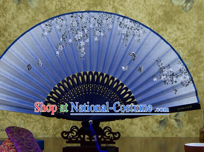 Traditional Chinese Printing Wisteria Butterfly Blue Flax Fan China Bamboo Accordion Folding Fan Oriental Fan