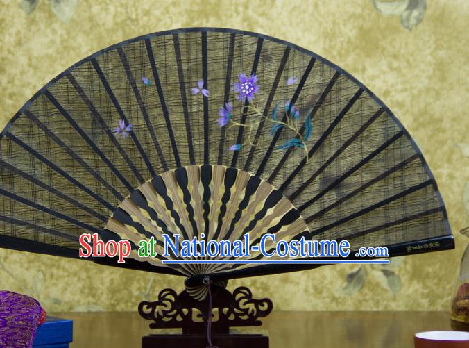 Traditional Chinese Printing Flower Black Flax Fan China Bamboo Accordion Folding Fan Oriental Fan