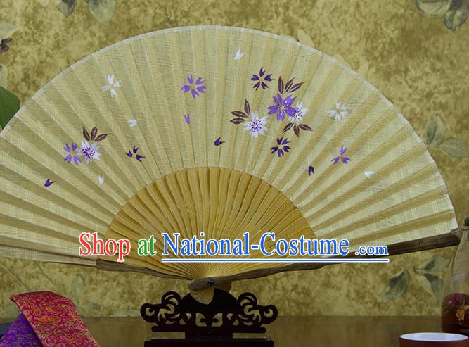 Traditional Chinese Printing Flower Light Yellow Flax Fan China Bamboo Accordion Folding Fan Oriental Fan