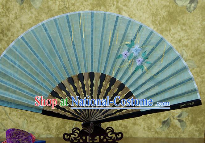 Traditional Chinese Printing Flowers Green Flax Fan China Bamboo Accordion Folding Fan Oriental Fan