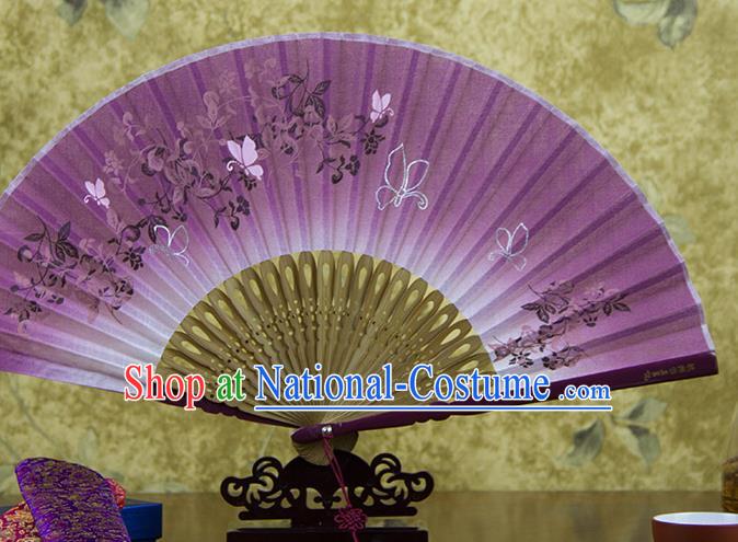 Traditional Chinese Printing Flowers Purple Flax Fan China Bamboo Accordion Folding Fan Oriental Fan