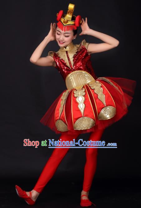 Chinese Traditional Opening Dance Red Short Dress China Modern Dance Stage Performance Costume for Women