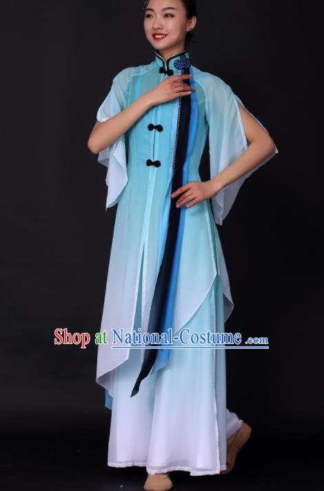 Chinese Traditional Classical Dance Blue Dress China Umbrella Dance Stage Performance Costume for Women