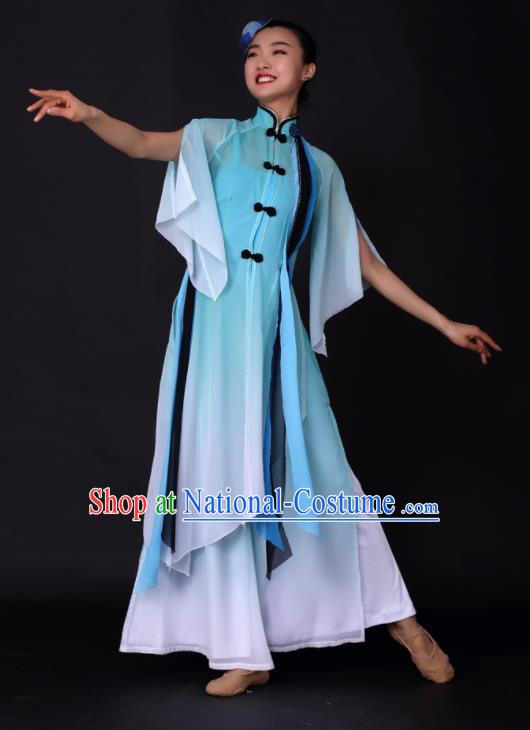 Chinese Traditional Classical Dance Blue Dress China Umbrella Dance Stage Performance Costume for Women