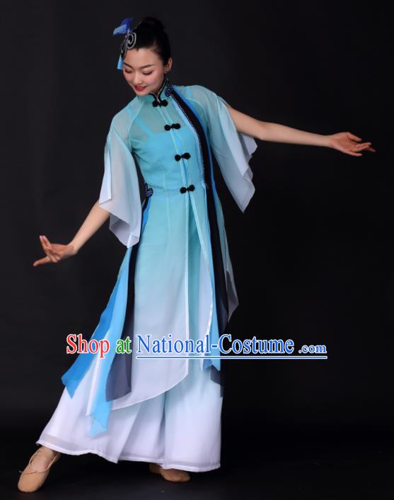 Chinese Traditional Classical Dance Blue Dress China Umbrella Dance Stage Performance Costume for Women