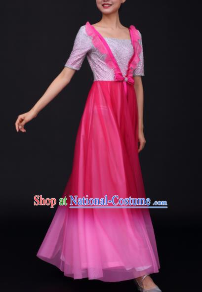 Chinese Traditional Opening Dance Chorus Rosy Dress China Modern Dance Stage Performance Costume for Women