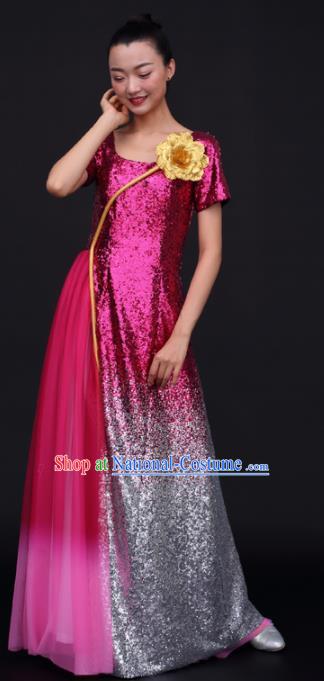 Chinese Traditional Opening Dance Chorus Rosy Sequins Dress China Modern Dance Stage Performance Costume for Women