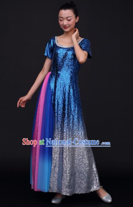 Chinese Traditional Opening Dance Chorus Royalblue Sequins Dress China Modern Dance Stage Performance Costume for Women