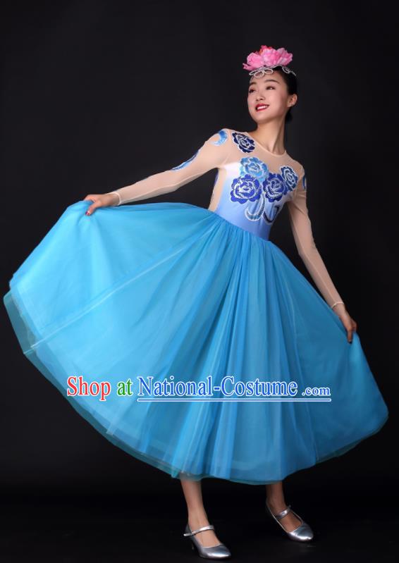 Professional Modern Dance Chorus Blue Dress Opening Dance Stage Performance Costume for Women